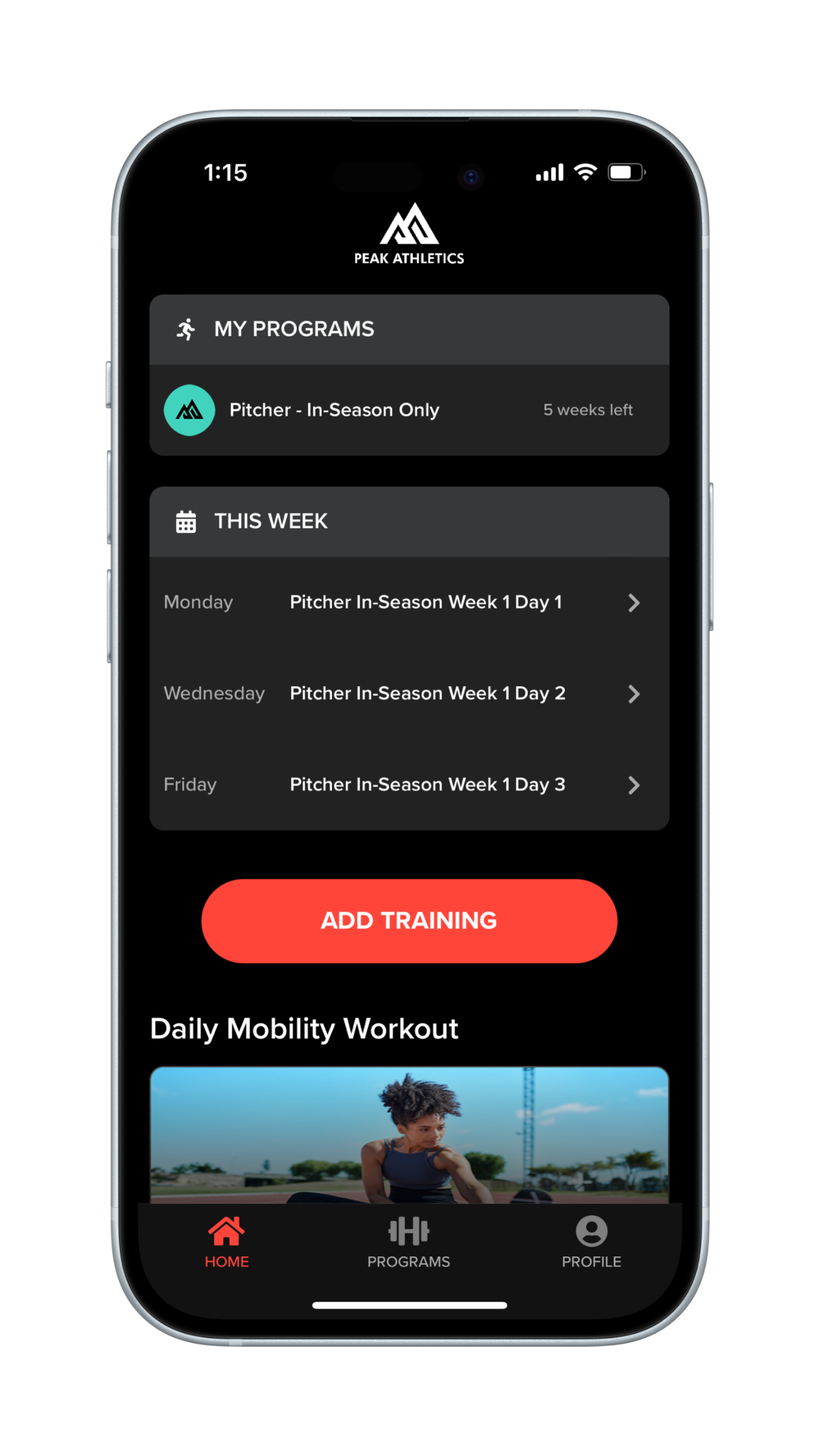 Peak Athletics Home Tab View