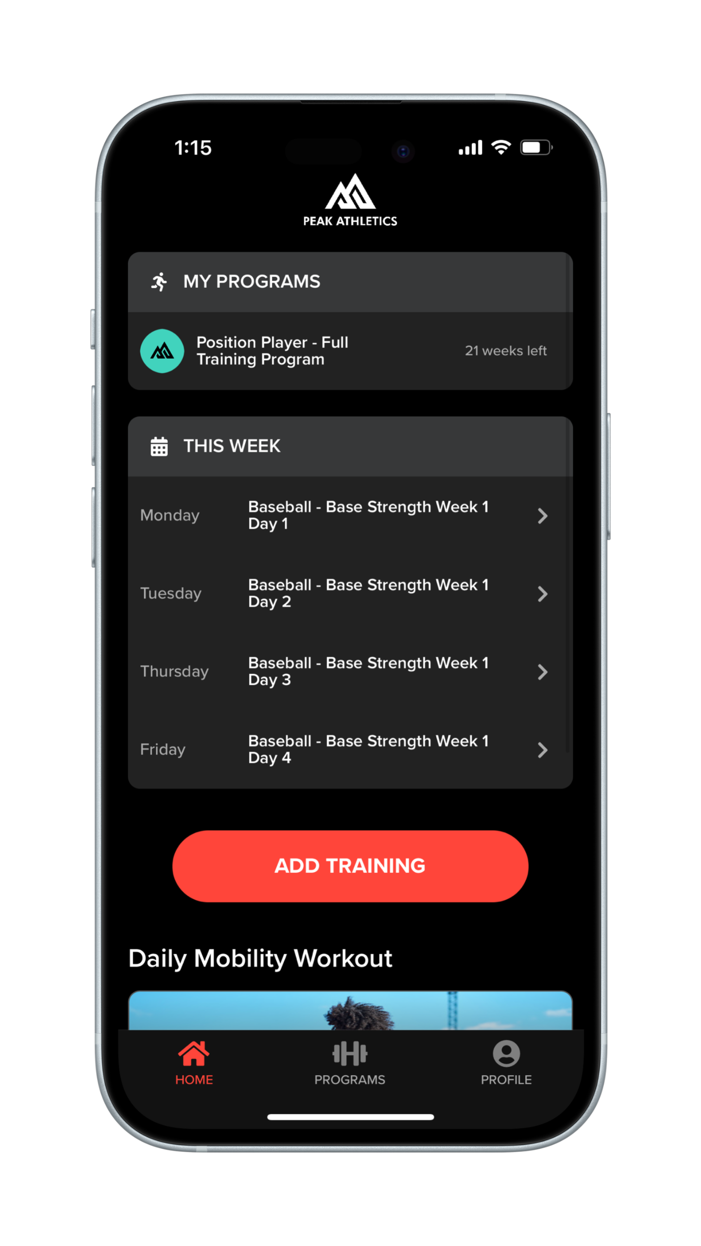 Peak Athletics Home Tab View